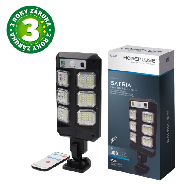 Venkovní solární světlo LED s čidlem pohybu 5W 300lm studená, dálkové ovládání, 3 roky